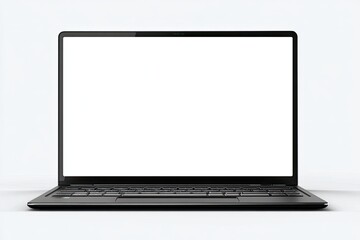 Front view of a sleek, black, open laptop with a blank, bright white screen