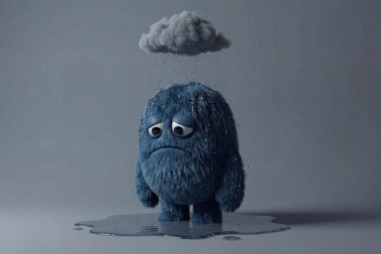 Sad fluffy blue monster with rain cloud over head on grey background. Banner template of concept of sadness, depression, and bad mood. Emotional illustration with copy space.