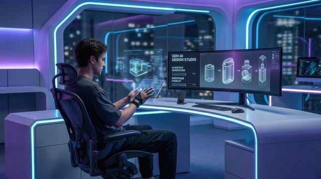 Man working on advanced computer aided design using futuristic technology and virtual reality tools in a modern high tech office setting with sleek furniture and neon lighting.