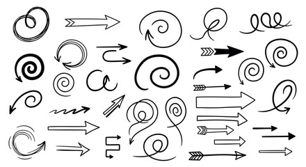 Hand drawn black arrows and swirls vector icons set, for design or presentation, isolated on transparent background, png