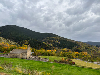 Fototapeta premium Stone church standing in Llo Pyrenees Orientales mountains
