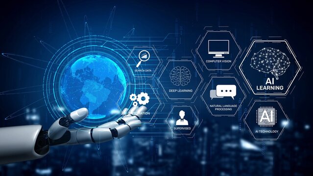 AI learning system involves deep learning, supervised machine learning, and natural language processing. AI learning diagram shows how AI advances learn in automation and data processing. Muxer