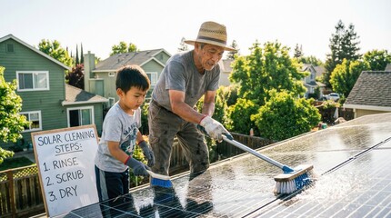 Man and young boy together cleaning solar panels on a roof with a whiteboard displaying steps for solar cleaning process on a sunny day with suburban homes in the background