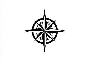 Fototapeta premium Black and white compass rose graphic, centrally located on a plain white background