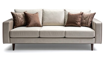 Obraz premium A modern, three-cushion couch featuring square, decorative pillows in front of three backrest cushions