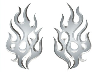 Two mirrored, stylized metallic flames on a white backdrop, each with curved edges