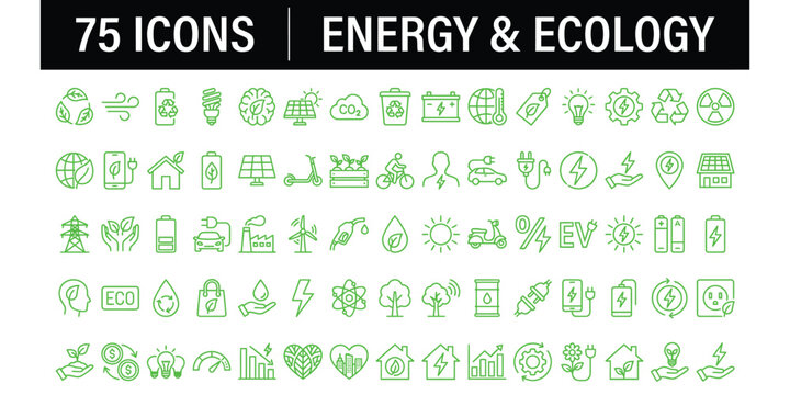 Energy and Ecology Line Icons Set, Renewable Power and Environmental Symbols Collection