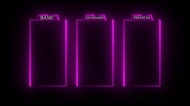 Glowing neon Basic, Standard, and Premium Package subscription tiers, Animation. Pricing and Features, Pricing plans table, pricing chart, price list for web or app tech concept .