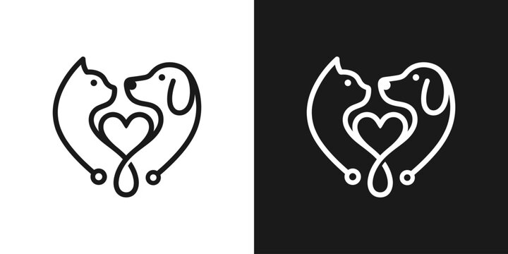 PrintPet care logo design template illustration. Dog and cat logo with heart love and stethoscope design graphic vector. Symbol, icon, creative.