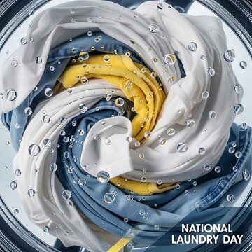 Top down view of washing machine drum filled with clothes and water droplets