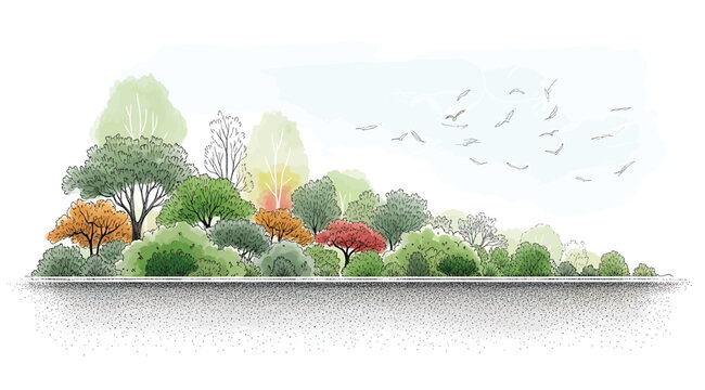 "Serene seasonal landscape with colorful trees in green, orange, red, and yellow tones, reflected on water with distant buildings and birds in sky, tranquil nature scene blending urban and natural bea