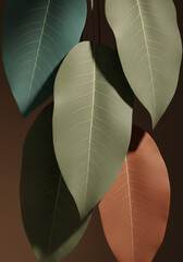 large leaves in green, teal, and terracotta with prominent leaf veins. 