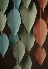 large leaves in green, teal, and terracotta with prominent leaf veins.&nbsp;