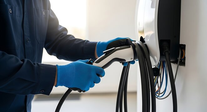 Close-up of gloved hands holding an electric vehicle charging cable at a wall-mounted station.