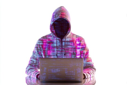 Person in hoodie with binary code projected on body/laptop, isolated on white