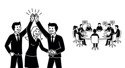 Vector illustration of business team celebrating success or partnership, with colleagues in meeting in background, for website, banner or presentation