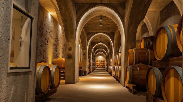 Long arched wine cellar corridor with rows of oak barrels illuminated by warm light showcasing traditional aging process and classic winery heritage