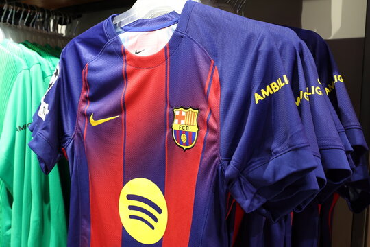 New football kit on display in Football Club Barcelona FCBotiga official store,  Barcelona, Spain - 11 july 2025.