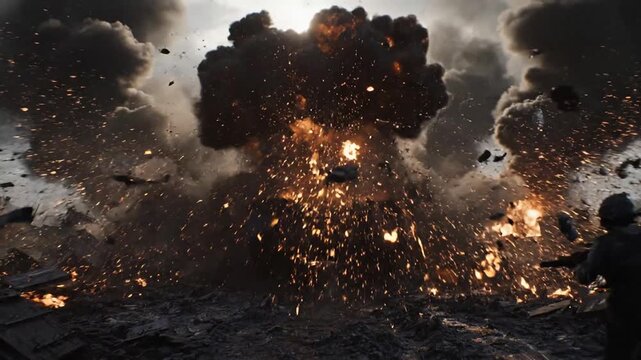 War zone explosion with smoke and debris.