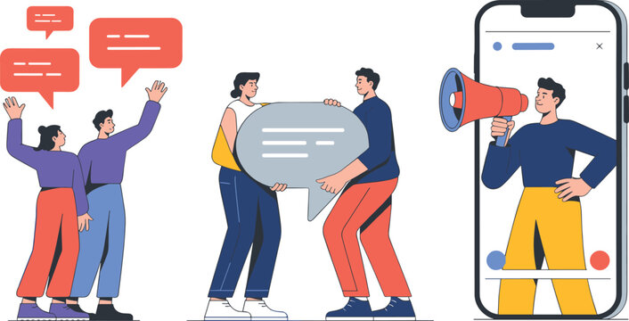 People communicating through social media and digital marketing with mega phone and speech bubbles, online community, business promotion, cad drawing flat vector illustration