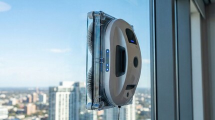 Fototapeta premium Robot myjący okna na szybie wieżowca. Oferuje nowoczesną technologię do automatycznej konserwacji domu. Idealny do promocji inteligentnych domów lub reklam usług sprzątających.