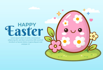 Cute Happy Easter Egg and Bunny Poster, Banner Illustration