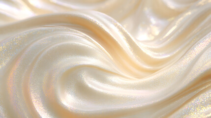 Soft iridescent liquid fabric creating flowing waves, shimmering and sparkling with a beautiful...
