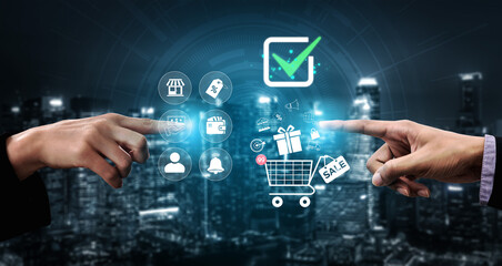 Digital E-commerce Interaction Concept with Hands Pointing at Shopping Icons Against Urban...
