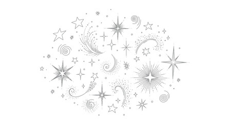 Grey starburst and star vector illustration, celestial design elements, overlay for website or presentation, Isolated on transparent background, png