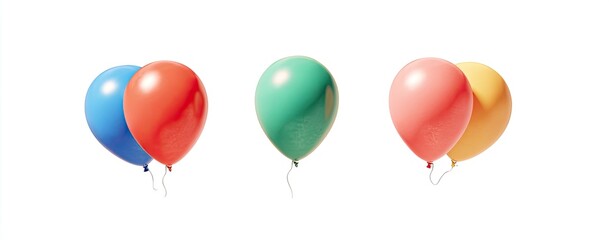 Vivid, isolated balloons in pairs and singles, each floating against a white backdrop