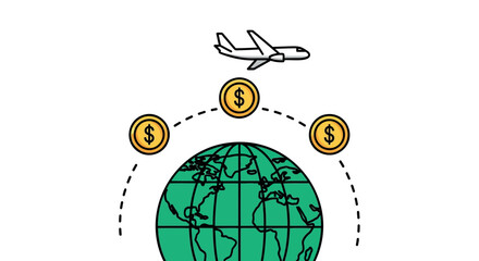 Vector global finance illustration with airplane, dollars, and world map, for business or marketing material, Isolated on transparent background, png