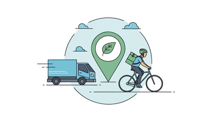 Vector illustration of delivery person on bicycle with truck and green location pin, for logistics or transportation concept, isolated on transparent background, png