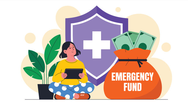  Emergency fund savings concept with health insurance shield and cash bag, illustrating financial security, medical expenses planning, healthcare protection and personal finance safety concept