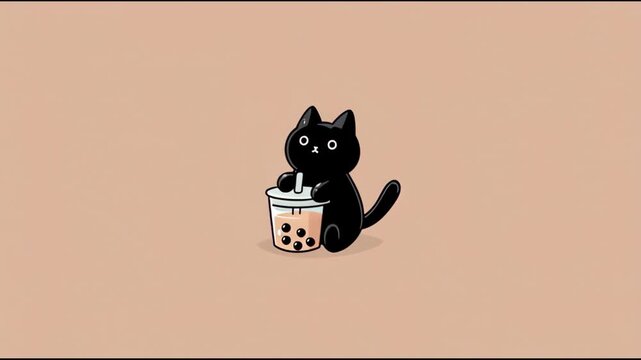 Cute black cat character holding a bubble tea drink with a straw and tapioca pearls