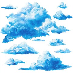 Watercolor illustrations of fluffy blue and white clouds, isolated on a white background