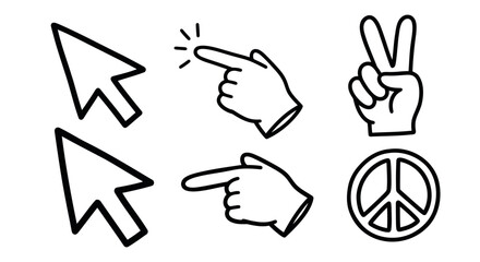 Vector line art icons of computer cursor, pointing hands, and peace sign, for website, app, or UI design, Isolated on transparent background, png