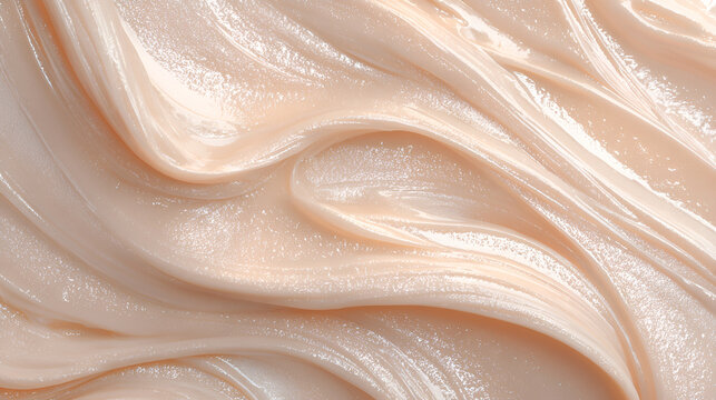 Creamy cosmetic foundation or sunscreen texture with smooth, soft, and glossy waves creating a serene abstract background for beauty and skin care concepts