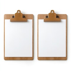 Two wooden clipboards with white paper, slightly angled, on a white background