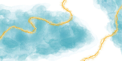 Abstract Teal Watercolor Background with Elegant Gold Marble Veins and White Space