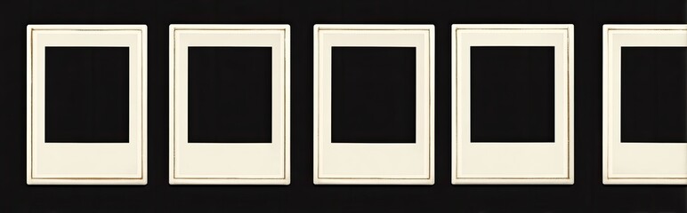 Five empty vintage picture frames arranged horizontally against a dark background