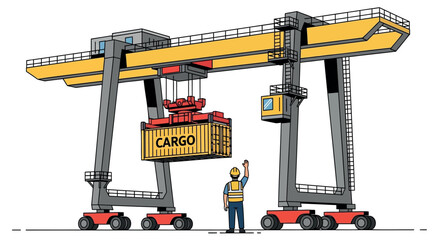 Vector illustration of a worker operating a gantry crane with cargo container, for industrial or logistics concept, Isolated on transparent background, png