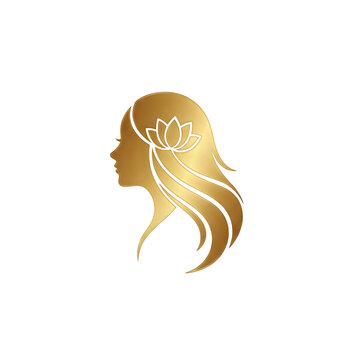 Golden Silhouette of Elegant Woman with Lotus Flower in Hair