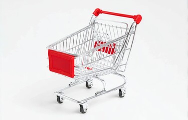 A chrome & red shopping cart angled, with a white background, ready for consumer use
