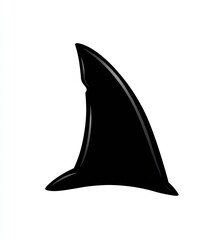 A glossy black shark fin against a white backdrop, angled upward, hinting at danger
