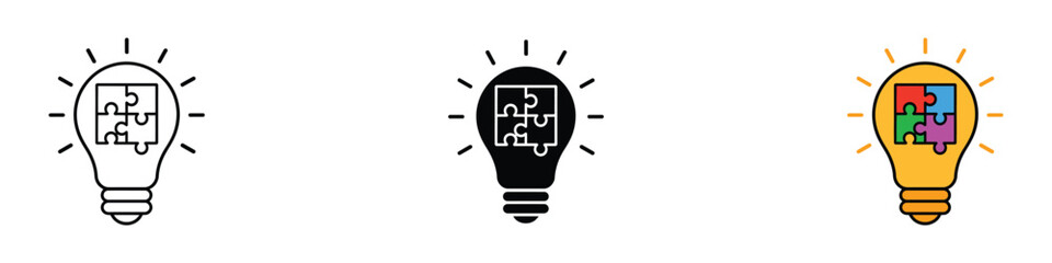 Creative puzzle light bulb idea icon vector. Innovation logic solution and strategy brainstorming symbol set. Vector illustration.