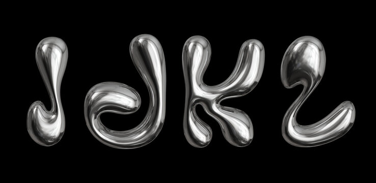 3D chrome liquid metal alphabet set I J K L on transparent background
