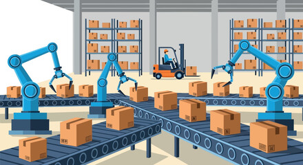 Vector illustration of robotic arms on a warehouse conveyor belt with boxes and forklift, for logistics or manufacturing concept, Isolated on transparent background, png