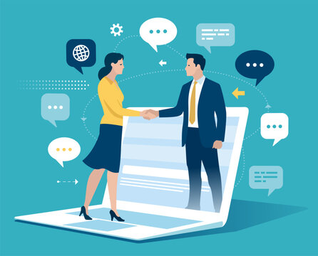 Cooperation. Agreement concluded over the internet. Business couple shaking hands online through laptop monitor between communication icons. Business concepts of vector illustration