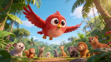 Happy little red bird perched on a tree
