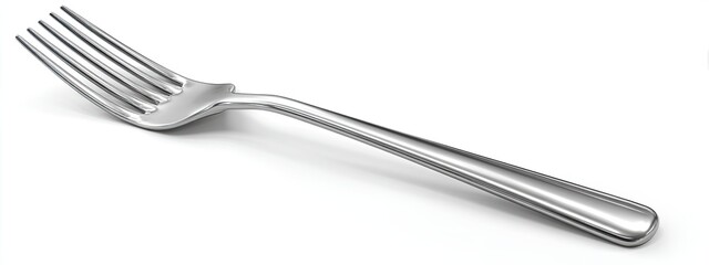 A gleaming silver utensil with tines and a long handle, casting a subtle shadow on a white background